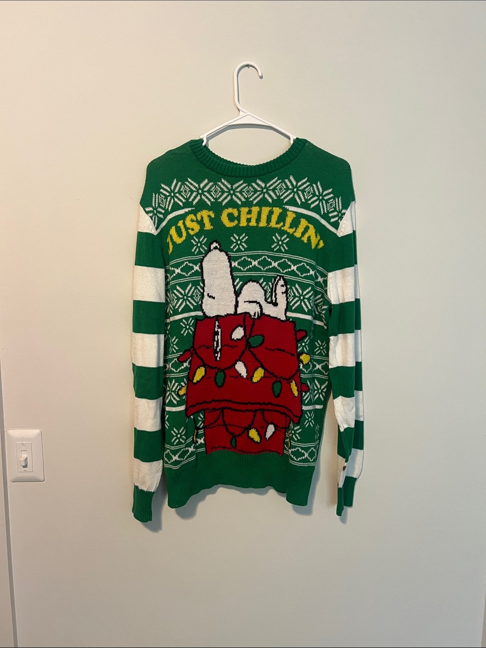 Peanuts Green Knit Sweater with Multicolor Hem Detail